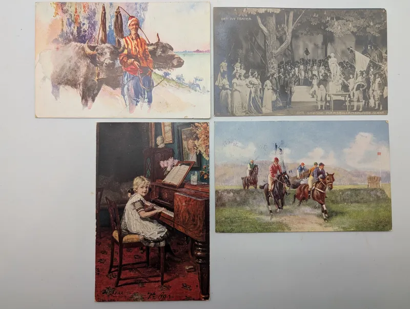 Set of Four Vintage European Illustrated Postcards