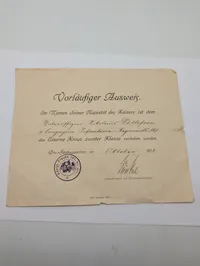 Tysk WWI Foreløbigt Bevis for Jernkorset af 2. Klasse, 1916