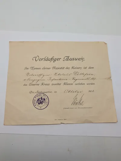 Tysk WWI Foreløbigt Bevis for Jernkorset af 2. Klasse, 1916