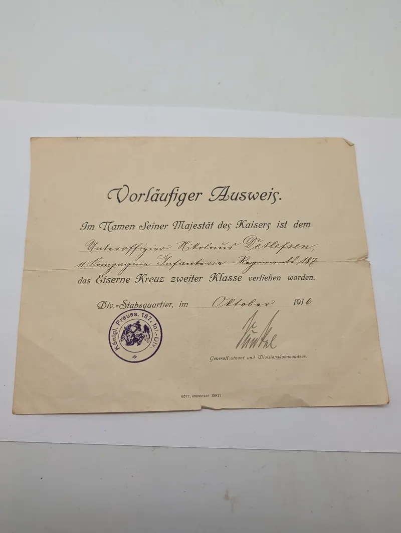 Tysk WWI Foreløbigt Bevis for Jernkorset af 2. Klasse, 1916
